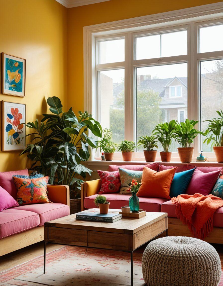 A cozy living room filled with vibrant colors, featuring plush cushions and cheerful decor, with a window showing a sunny garden outside. A small indoor plant on a light wooden table adds a touch of nature. Soft lighting creates a warm atmosphere, and playful artwork adorns the walls. super-realistic. vibrant colors. cozy ambiance.