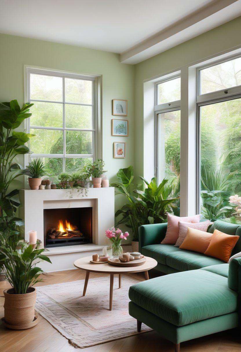 A cozy, inviting living room filled with lush plants and soft, natural lighting. A comfortable sofa adorned with vibrant cushions faces a warm fireplace, while delicate decor items reflect tranquility. A large window displays a peaceful garden setting, enhancing the serene atmosphere. Dreamy pastel colors dominate the scene, inviting feelings of joy and comfort. super-realistic. vibrant colors. soft lighting.