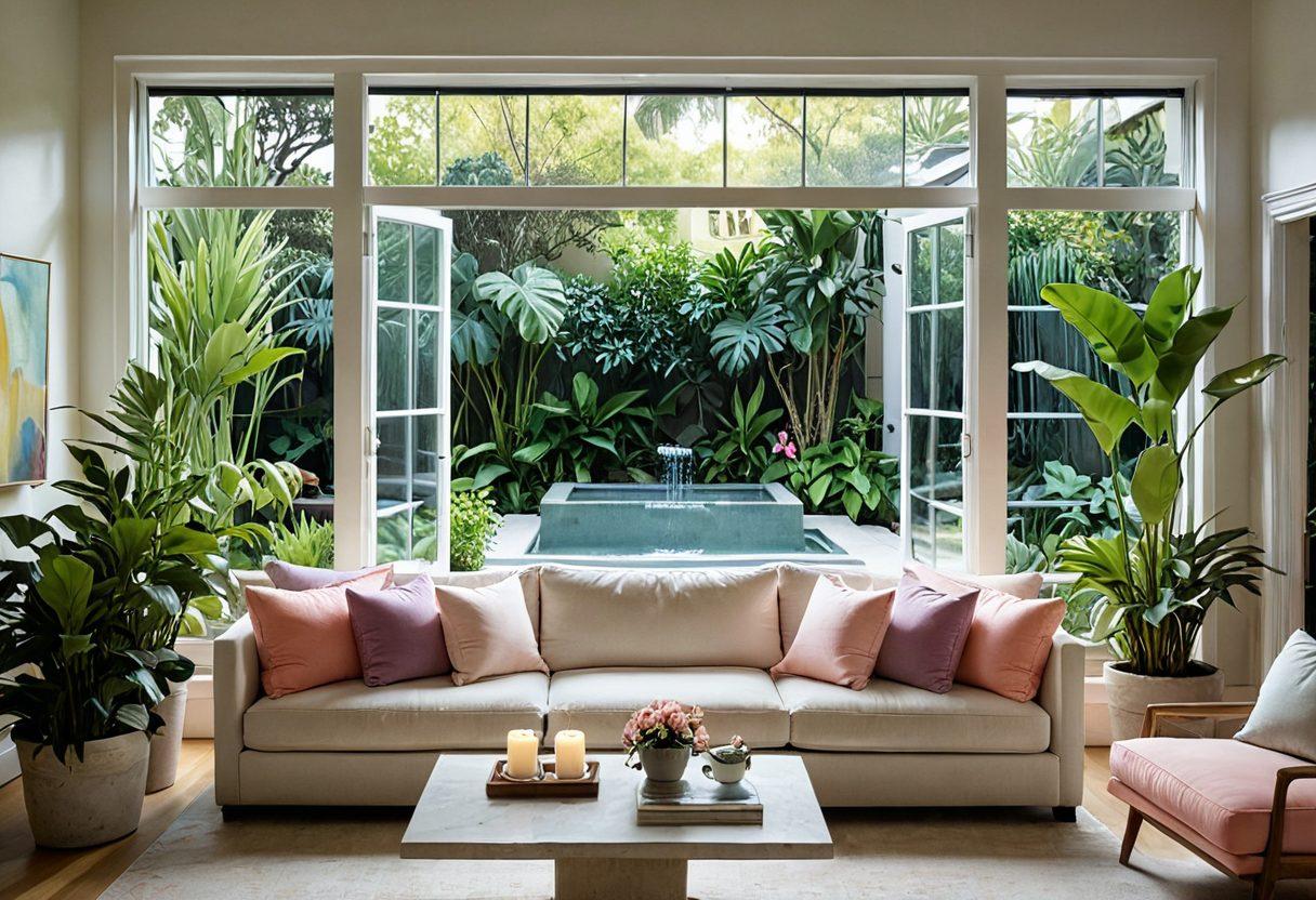 A serene interior scene showcasing a cozy living room filled with natural light, lush indoor plants, and soft textures like a plush sofa with pastel-colored cushions. Include a calming view of a garden through large windows, with subtle hints of meditation elements like a small fountain and candles. Emphasize tranquility and warmth, inviting a sense of joy and peace. super-realistic. vibrant colors.